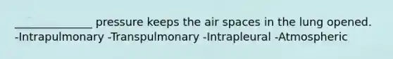 ______________ pressure keeps the air spaces in the lung opened. -Intrapulmonary -Transpulmonary -Intrapleural -Atmospheric