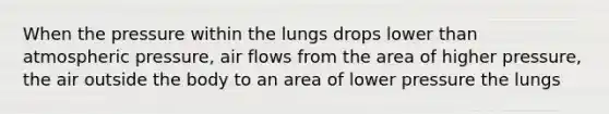 When the pressure within the lungs drops lower than atmospheric pressure, air flows from the area of higher pressure, the air outside the body to an area of lower pressure the lungs