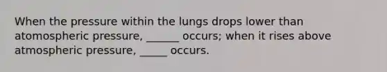 When the pressure within the lungs drops lower than atomospheric pressure, ______ occurs; when it rises above atmospheric pressure, _____ occurs.