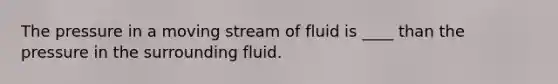 The pressure in a moving stream of fluid is ____ than the pressure in the surrounding fluid.