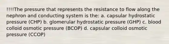 !!!!The pressure that represents the resistance to flow along the nephron and conducting system is the: a. capsular hydrostatic pressure (CHP) b. glomerular hydrostatic pressure (GHP) c. blood colloid osmotic pressure (BCOP) d. capsular colloid osmotic pressure (CCOP)