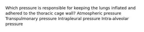 Which pressure is responsible for keeping the lungs inflated and adhered to the thoracic cage wall? Atmospheric pressure Transpulmonary pressure Intrapleural pressure Intra-alveolar pressure