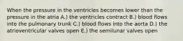 When the pressure in the ventricles becomes lower than the pressure in the atria A.) the ventricles contract B.) blood flows into the pulmonary trunk C.) blood flows into the aorta D.) the atrioventricular valves open E.) the semilunar valves open