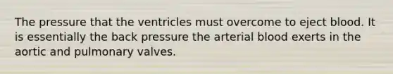 The pressure that the ventricles must overcome to eject blood. It is essentially the back pressure the arterial blood exerts in the aortic and pulmonary valves.