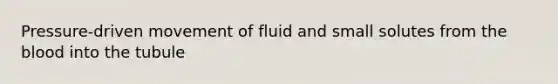 Pressure-driven movement of fluid and small solutes from <a href='https://www.questionai.com/knowledge/k7oXMfj7lk-the-blood' class='anchor-knowledge'>the blood</a> into the tubule