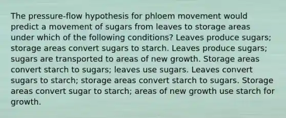 The pressure-flow hypothesis for phloem movement would predict a movement of sugars from leaves to storage areas under which of the following conditions? Leaves produce sugars; storage areas convert sugars to starch. Leaves produce sugars; sugars are transported to areas of new growth. Storage areas convert starch to sugars; leaves use sugars. Leaves convert sugars to starch; storage areas convert starch to sugars. Storage areas convert sugar to starch; areas of new growth use starch for growth.