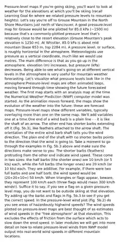 Pressure-level maps If you're going skiing, you'll want to look at weather for the elevations at which you'll be skiing (recall Learning Goal 6n where we related pressure levels to mountain heights). Let's say you're off to Grouse Mountain in the North Shore Mountains just north of Vancouver. A good pressure-level map for Grouse would be one plotted for 85.0 kPa (~1500 m) because that's a commonly-plotted pressure level that's relatively close to the resort elevation (Grouse Mountain's peak elevation is 1250 m). At Whistler, 85.0 kPa is about mid mountain (base 653 m, top 2284 m). A pressure level, or surface, is roughly horizontal in the atmophere. Meteorologists use pressure as a vertical coordinate, much like we would use metres. The main difference is that as you go up in the atmosphere, elevation (m) increases, but pressure (kPa) decreases. Being able to see what's going on at different vertical levels in the atmosphere is very useful for mountain weather forecasting. Let's visualize what pressure levels look like in the atmosphere:Pressure-level maps are often animated loops, moving forward through time showing the future forecasted weather. The first map starts with an analysis map at the time the Numerical Weather Prediction (NWP) computer model was started. As the animation moves forward, the maps show the evolution of the weather into the future; these are forecast maps. Pressure-level maps show different variables, typically overlaying <a href='https://www.questionai.com/knowledge/keWHlEPx42-more-than' class='anchor-knowledge'>more than</a> one on the same map. We'll add variables one at a time.One end of a wind barb is a plain line - - it is like the shaft of an arrow. The other end has shorter barbs extending off it (Fig. 5b.3), like feathers attached to the arrow shaft. The orientation of the entire wind barb shaft tells you the wind direction. The plain end of the shaft with no shorter barbs points to the direction that the wind is going to. Take a moment to go through the examples in Fig. 5b.3 above and make sure the directions make sense to you. The shorter barbs (feathers) protruding from the other end indicate wind speed. These come in two sizes: the half barbs (the shorter ones) are 10 km/h (or 5 kts) each, while the full barbs (the longer ones) are 20 km/h (or 10 kts) each. They are additive. For example, if there were two full barbs and one half barb, the wind speed would be (20+20+10=) 50 km/h. When triangles or flags appear, beware, they represent 100 km/h each (three flags would mean 300 km/h winds!). Suffice it to say, if you see a flag on a given pressure-level map, you do not want to be outside skiing at that elevation. Try adding up the barbs and flags in Fig. 5b.3 to see if you get the correct speed. In the pressure-level wind plot (Fig. 5b.2) do you see areas of hazardously highwind speeds? The wind speeds plotted on pressure-level maps are best thought of as estimates of wind speeds in the "free atmosphere" at that elevation. This excludes the effects of friction from the surface which acts to slow down the wind speed. In later modules we will get into more detail on how to relate pressure-level winds from NWP model output into real-world wind speeds in different mountain locations.