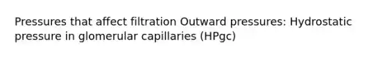 Pressures that affect filtration Outward pressures: Hydrostatic pressure in glomerular capillaries (HPgc)