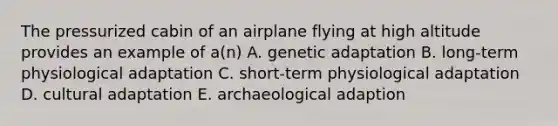 The pressurized cabin of an airplane flying at high altitude provides an example of a(n) A. genetic adaptation B. long-term physiological adaptation C. short-term physiological adaptation D. cultural adaptation E. archaeological adaption