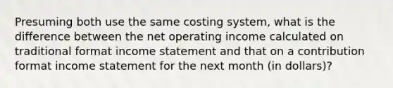 Presuming both use the same costing system, what is the difference between the net operating income calculated on traditional format income statement and that on a contribution format income statement for the next month (in dollars)?