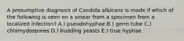 A presumptive diagnosis of Candida albicans is made if which of the following is seen on a smear from a specimen from a localized infection? A.) pseudohyphae B.) germ tube C.) chlamydospores D.) budding yeasts E.) true hyphae