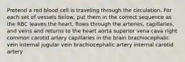 Pretend a red blood cell is traveling through the circulation. For each set of vessels below, put them in the correct sequence as the RBC leaves the heart, flows through the arteries, capillaries, and veins and returns to the heart aorta superior vena cava right common carotid artery capillaries in the brain brachiocephalic vein internal jugular vein brachiocephalic artery internal carotid artery