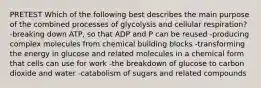 PRETEST Which of the following best describes the main purpose of the combined processes of glycolysis and cellular respiration? -breaking down ATP, so that ADP and P can be reused -producing complex molecules from chemical building blocks -transforming the energy in glucose and related molecules in a chemical form that cells can use for work -the breakdown of glucose to carbon dioxide and water -catabolism of sugars and related compounds