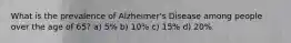 What is the prevalence of Alzheimer's Disease among people over the age of 65? a) 5% b) 10% c) 15% d) 20%