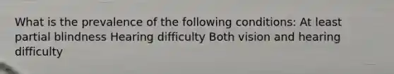 What is the prevalence of the following conditions: At least partial blindness Hearing difficulty Both vision and hearing difficulty