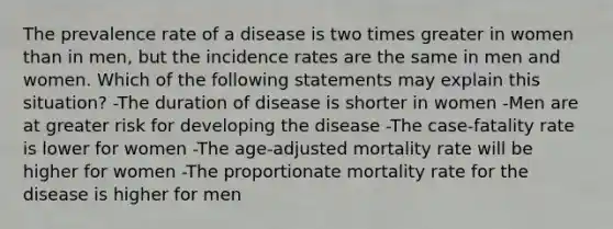 The prevalence rate of a disease is two times greater in women than in men, but the incidence rates are the same in men and women. Which of the following statements may explain this situation? -The duration of disease is shorter in women -Men are at greater risk for developing the disease -The case-fatality rate is lower for women -The age-adjusted mortality rate will be higher for women -The proportionate mortality rate for the disease is higher for men