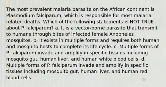 The most prevalent malaria parasite on the African continent is Plasmodium falciparum, which is responsible for most malaria-related deaths. Which of the following statements is NOT TRUE about P. falciparum? a. It is a vector-borne parasite that transmit to humans through bites of infected female Anopheles mosquitos. b. It exists in multiple forms and requires both human and mosquito hosts to complete its life cycle. c. Multiple forms of P. falciparum invade and amplify in specific tissues including mosquito gut, human liver, and human white blood cells. d. Multiple forms of P. falciparum invade and amplify in specific tissues including mosquito gut, human liver, and human red blood cells.