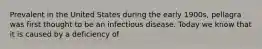 Prevalent in the United States during the early 1900s, pellagra was first thought to be an infectious disease. Today we know that it is caused by a deficiency of