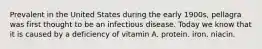 Prevalent in the United States during the early 1900s, pellagra was first thought to be an infectious disease. Today we know that it is caused by a deficiency of vitamin A. protein. iron. niacin.