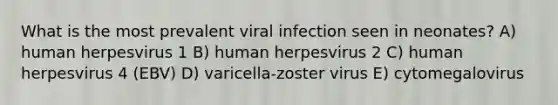 What is the most prevalent viral infection seen in neonates? A) human herpesvirus 1 B) human herpesvirus 2 C) human herpesvirus 4 (EBV) D) varicella-zoster virus E) cytomegalovirus