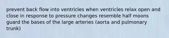 prevent back flow into ventricles when ventricles relax open and close in response to pressure changes resemble half moons guard the bases of the large arteries (aorta and pulmonary trunk)