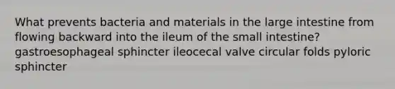 What prevents bacteria and materials in the large intestine from flowing backward into the ileum of the small intestine? gastroesophageal sphincter ileocecal valve circular folds pyloric sphincter