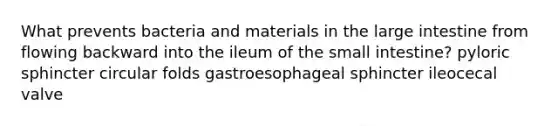 What prevents bacteria and materials in the large intestine from flowing backward into the ileum of <a href='https://www.questionai.com/knowledge/kt623fh5xn-the-small-intestine' class='anchor-knowledge'>the small intestine</a>? pyloric sphincter circular folds gastroesophageal sphincter ileocecal valve