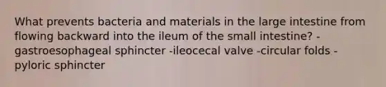 What prevents bacteria and materials in the <a href='https://www.questionai.com/knowledge/kGQjby07OK-large-intestine' class='anchor-knowledge'>large intestine</a> from flowing backward into the ileum of <a href='https://www.questionai.com/knowledge/kt623fh5xn-the-small-intestine' class='anchor-knowledge'>the small intestine</a>? -gastroesophageal sphincter -ileocecal valve -circular folds -pyloric sphincter