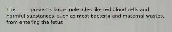 The _____ prevents large molecules like red blood cells and harmful substances, such as most bacteria and maternal wastes, from entering the fetus