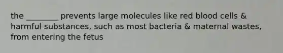 the ________ prevents large molecules like red blood cells & harmful substances, such as most bacteria & maternal wastes, from entering the fetus