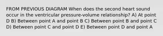 FROM PREVIOUS DIAGRAM When does the second heart sound occur in the ventricular pressure-volume relationship? A) At point D B) Between point A and point B C) Between point B and point C D) Between point C and point D E) Between point D and point A