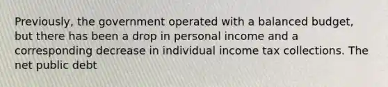 Previously, the government operated with a balanced budget, but there has been a drop in personal income and a corresponding decrease in individual income tax collections. The net public debt