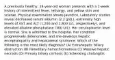 A previously healthy, 24-year-old woman presents with a 1-week history of intermittent fever, lethargy, and yellow skin and sclerae. Physical examination shows jaundice. Laboratory studies reveal decreased serum albumin (2.2 g/dL), extremely high levels of AST and ALT (1,200 and 1,800 U/L, respectively), and elevated alkaline phosphatase (300 U/L). Her ceruloplasmin level is normal. She is admitted to the hospital. Her condition progressively deteriorates, and she develops hepatic encephalopathy and hepatorenal syndrome. Which of the following is the most likely diagnosis? (A) Extrahepatic biliary obstruction (B) Hereditary hemochromatosis (C) Massive hepatic necrosis (D) Primary biliary cirrhosis (E) Sclerosing cholangitis