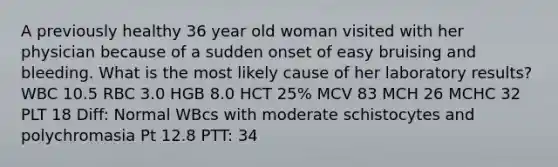 A previously healthy 36 year old woman visited with her physician because of a sudden onset of easy bruising and bleeding. What is the most likely cause of her laboratory results? WBC 10.5 RBC 3.0 HGB 8.0 HCT 25% MCV 83 MCH 26 MCHC 32 PLT 18 Diff: Normal WBcs with moderate schistocytes and polychromasia Pt 12.8 PTT: 34