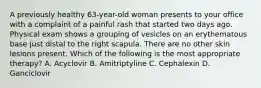 A previously healthy 63-year-old woman presents to your office with a complaint of a painful rash that started two days ago. Physical exam shows a grouping of vesicles on an erythematous base just distal to the right scapula. There are no other skin lesions present. Which of the following is the most appropriate therapy? A. Acyclovir B. Amitriptyline C. Cephalexin D. Ganciclovir