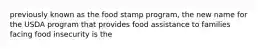 previously known as the food stamp program, the new name for the USDA program that provides food assistance to families facing food insecurity is the