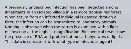 A previously undescribed infection has been detected among inhabitants in an isolated village in a remote tropical rainforest. When serum from an infected individual is passed through a filter, the infection can be transmitted to laboratory animals. Nothing is observed when the serum is examined with a light microscope at the highest magnification. Biochemical tests show the presence of RNA and protein but no carbohydrates or lipids. This data is consistent with what type of infectious agent?