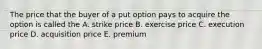 The price that the buyer of a put option pays to acquire the option is called the A. strike price B. exercise price C. execution price D. acquisition price E. premium