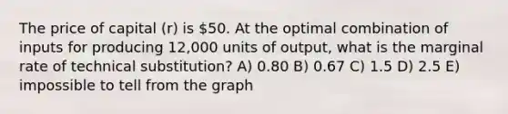 The price of capital (r) is 50. At the optimal combination of inputs for producing 12,000 units of output, what is the marginal rate of technical substitution? A) 0.80 B) 0.67 C) 1.5 D) 2.5 E) impossible to tell from the graph