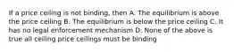 If a price ceiling is not binding, then A. The equilibrium is above the price ceiling B. The equilibrium is below the price ceiling C. It has no legal enforcement mechanism D. None of the above is true all ceiling price ceilings must be binding