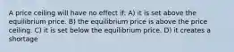 A price ceiling will have no effect if: A) it is set above the equilibrium price. B) the equilibrium price is above the price ceiling. C) it is set below the equilibrium price. D) it creates a shortage