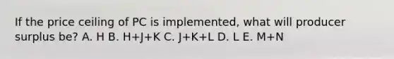 If the price ceiling of PC is implemented, what will producer surplus be? A. H B. H+J+K C. J+K+L D. L E. M+N