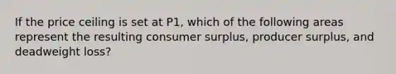 If the price ceiling is set at P1, which of the following areas represent the resulting <a href='https://www.questionai.com/knowledge/k77rlOEdsf-consumer-surplus' class='anchor-knowledge'>consumer surplus</a>, producer surplus, and deadweight loss?