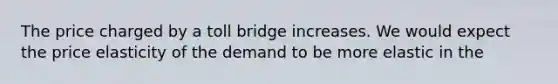 The price charged by a toll bridge increases. We would expect the price elasticity of the demand to be more elastic in the