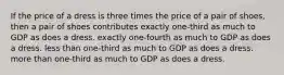 If the price of a dress is three times the price of a pair of shoes, then a pair of shoes contributes exactly one-third as much to GDP as does a dress. exactly one-fourth as much to GDP as does a dress. less than one-third as much to GDP as does a dress. more than one-third as much to GDP as does a dress.