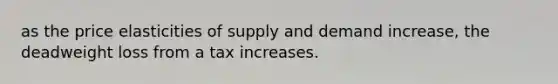 as the price elasticities of supply and demand increase, the deadweight loss from a tax increases.