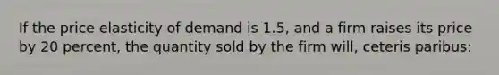 If the price elasticity of demand is 1.5, and a firm raises its price by 20 percent, the quantity sold by the firm will, ceteris paribus: