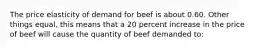 The price elasticity of demand for beef is about 0.60. Other things equal, this means that a 20 percent increase in the price of beef will cause the quantity of beef demanded to: