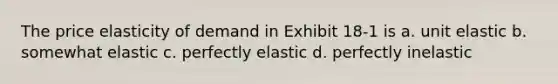 The price elasticity of demand in Exhibit 18-1 is a. unit elastic b. somewhat elastic c. perfectly elastic d. perfectly inelastic