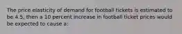 The price elasticity of demand for football tickets is estimated to be 4.5, then a 10 percent increase in football ticket prices would be expected to cause a: